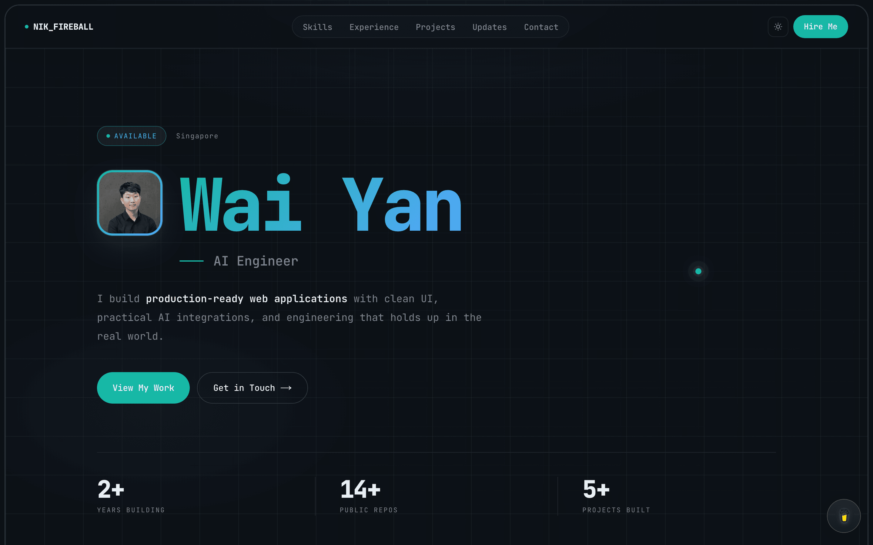 AI Engineer Portfolio homepage in dark mode